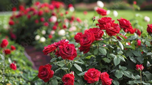 Red roses in a flowerbed, meticulously cared for and showcasing vibrant blooms.