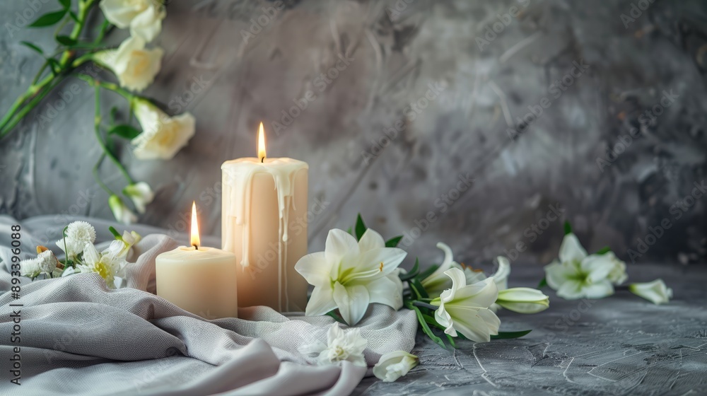 Stylish candle holder and flowers on grey backdrop Stylish candle holder and flowers on grey backdrop