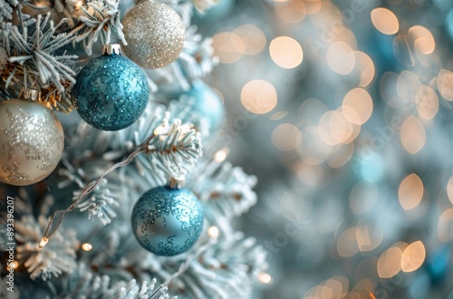 Blue Ornaments on a Snowy Christmas Tree