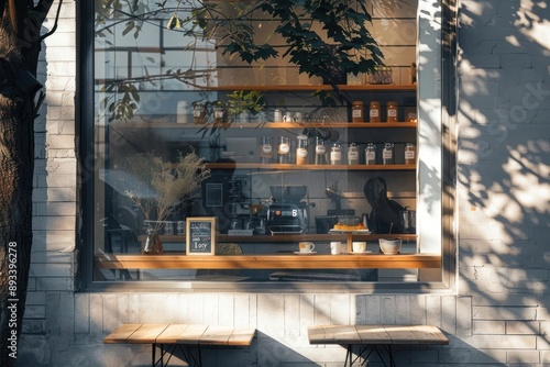 Coffee shop window mockup restaurant windowsill furniture.
