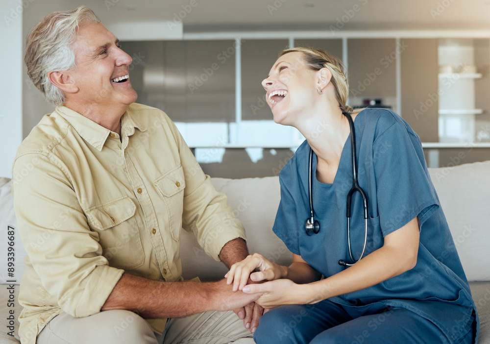 Obraz premium Healthcare, laughing or visit with nurse and old man on sofa in retirement home living room for comedy. Conversation, medical or relax with elderly patient and woman caregiver in apartment together