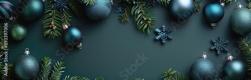 Teal Christmas Ornaments and Pine Branches