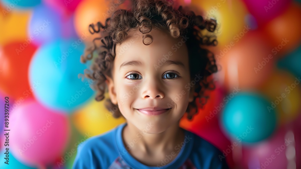 A young child with curly hair smiles brightly against a backdrop of colorful balloons. A young child with curly hair smiles brightly against a backdrop of colorful balloons.