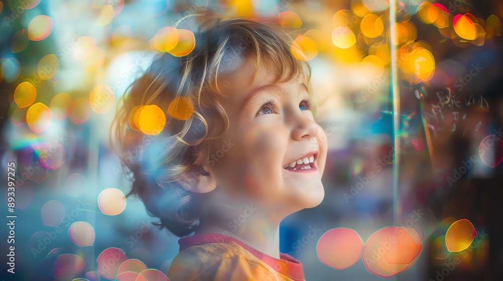 A young child smiles brightly, surrounded by a joyful bokeh of light. A young child smiles brightly, surrounded by a joyful bokeh of light.