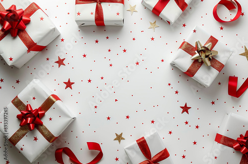 White Gift Boxes With Red Ribbons and Stars