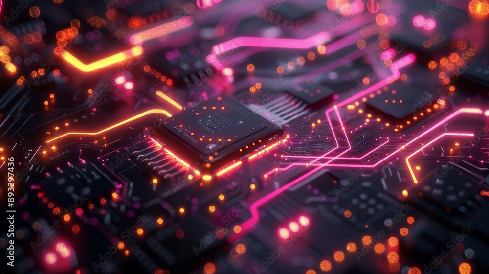 Abstract digital circuit board with glowing pink and orange wires. Abstract digital circuit board with glowing pink and orange wires.