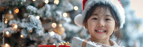 Smiling Girl In Santa Hat Near Christmas Tree