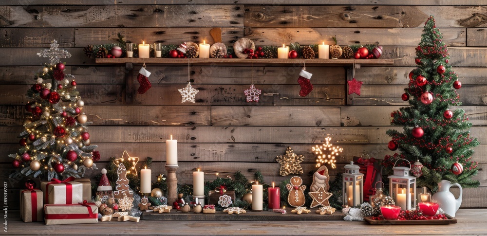 Obraz premium Christmas Trees and Candles on Wooden Background