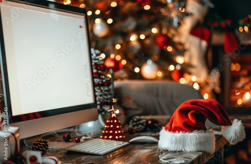 Santa Hat On Desk With Computer
