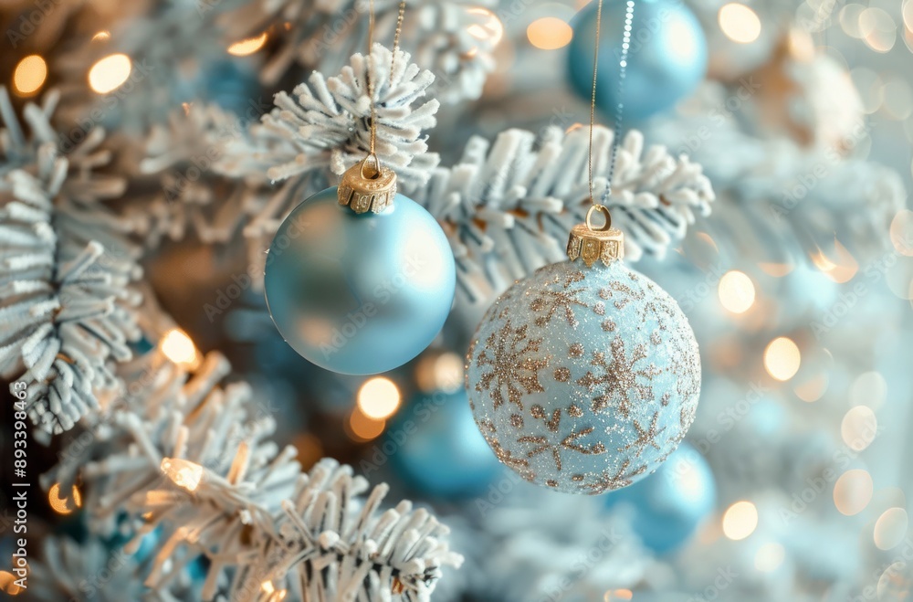 Blue Ornaments on a Snowy Christmas Tree Blue Ornaments on a Snowy Christmas Tree