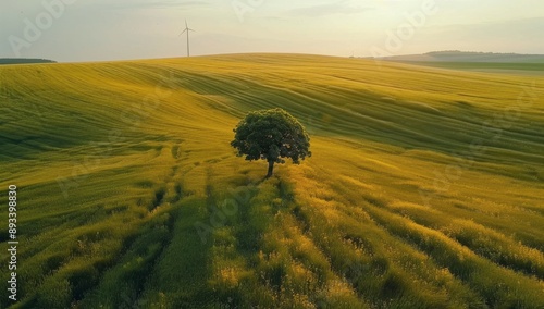 Aerial View of Wind Turbine in Field