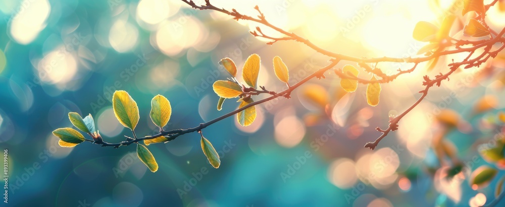 Sun shining through tree branch with green leaves Sun shining through tree branch with green leaves