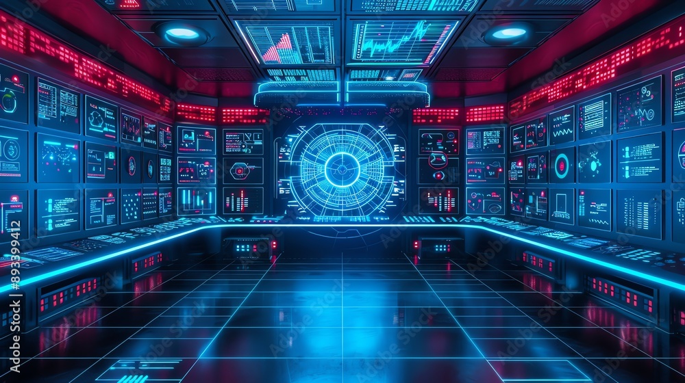 Futuristic control room with glowing screens displaying data and a large circular display in the center. Futuristic control room with glowing screens displaying data and a large circular display in the center.