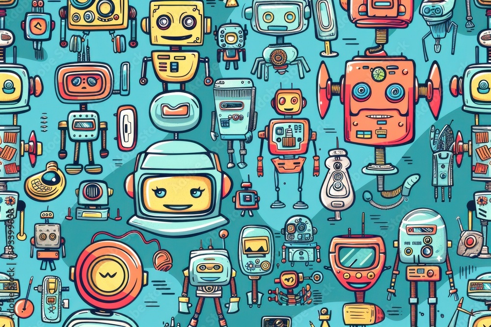 A multitude of cartoon robots, each unique and expressive, populate a vibrant blue background, creating a playful and imaginative scene A multitude of cartoon robots, each unique and expressive, populate a vibrant blue background, creating a playful and imaginative scene