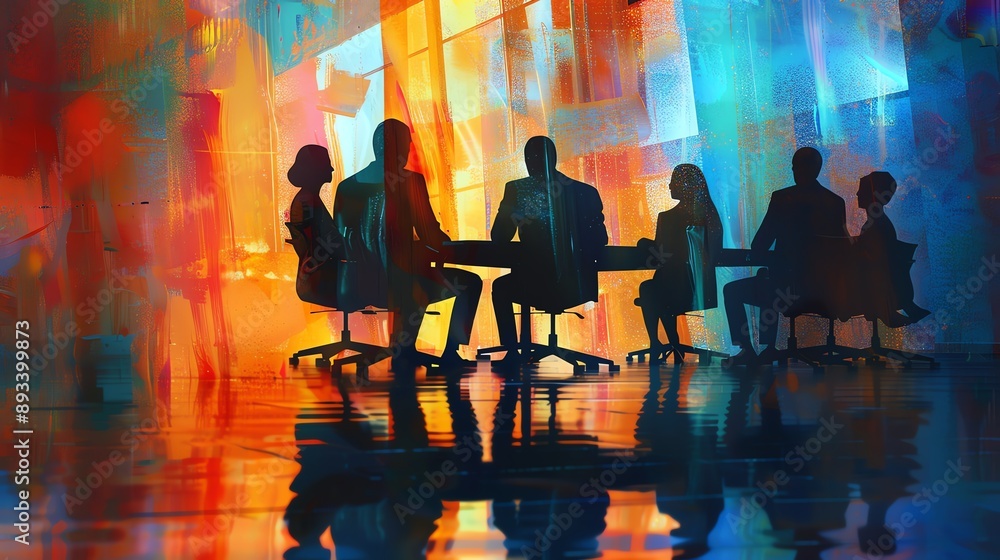 Silhouettes of business people in a meeting, with vibrant colors and artistic brushstrokes. Silhouettes of business people in a meeting, with vibrant colors and artistic brushstrokes.