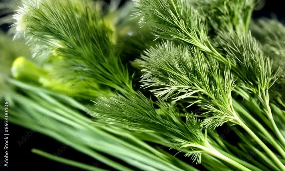 Dill aromatic fresh herbs. Bunch of fresh green dill close-up, rotating on black background, condiments. Vegetarian food, organic. Bunch of Anethum graveolens macro shot Video 4K Dill aromatic fresh herbs. Bunch of fresh green dill close-up, rotating on black background, condiments. Vegetarian food, organic. Bunch of Anethum graveolens macro shot Video 4K