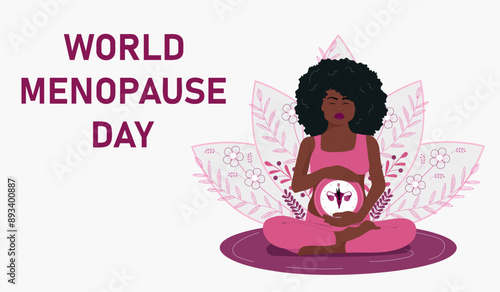 World Menopause Day banner. Medicine concept. Meditating african american woman with fertility clock. Vector illustration.	