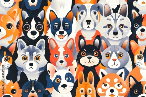 Colorful illustration of diverse dogs with unique personalities. Their friendly smiles create a cheerful and energetic atmosphere