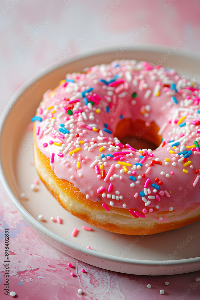 Irresistible Pink Glazed Donut with Colorful Sprinkles on White Plate in Pastel Setting Irresistible Pink Glazed Donut with Colorful Sprinkles on White Plate in Pastel Setting