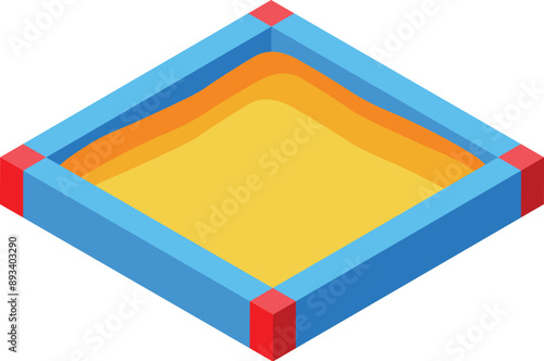 Empty sandbox with blue borders and red corners is waiting for kids to play with buckets and spades
