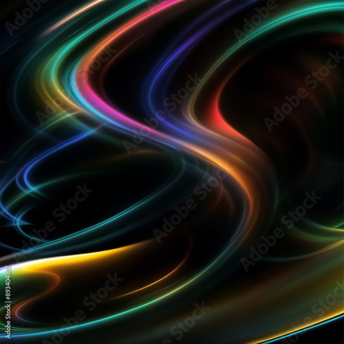 Abstract wallpaper with glowing plasma swirling lines, waves, shapes on neon background