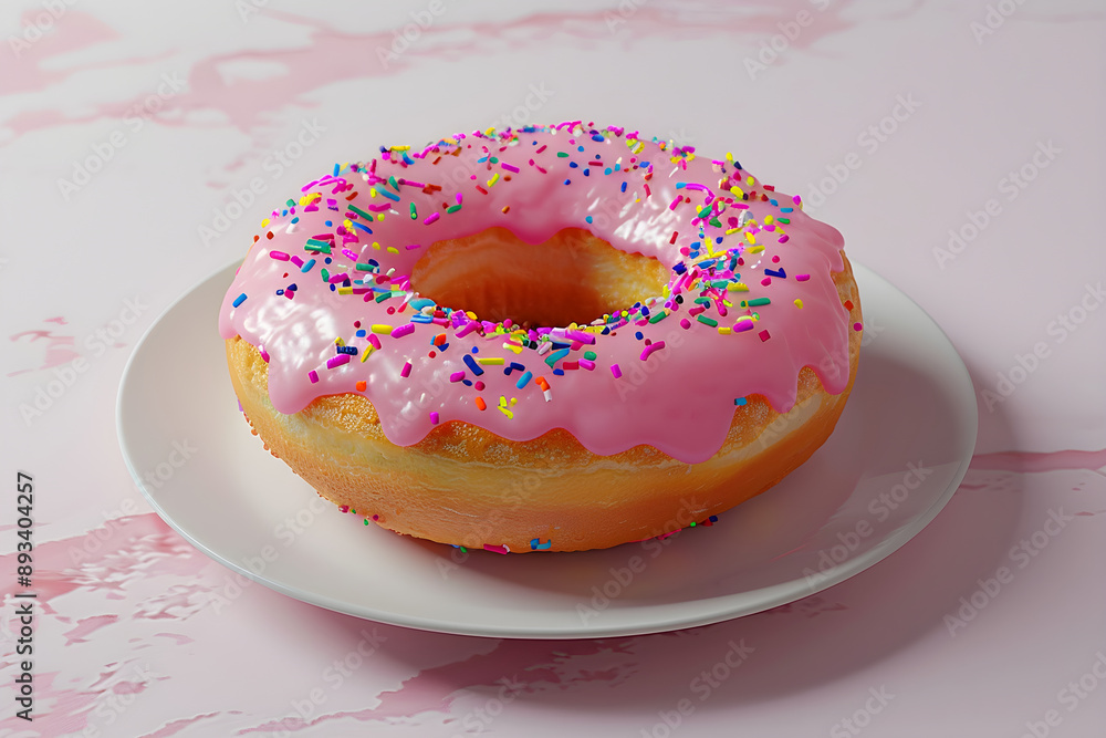 Irresistible Pink Glazed Donut with Colorful Sprinkles on White Plate in Pastel Setting Irresistible Pink Glazed Donut with Colorful Sprinkles on White Plate in Pastel Setting