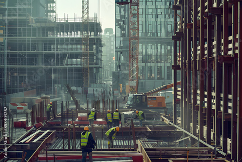 Construction crews wearing safety gear working on steelwork with cranes and scaffolding