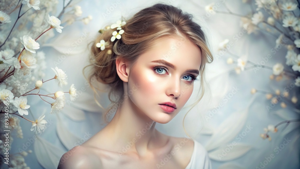 Serene white backdrop highlights delicate porcelain skin tones and radiant luminosity in a stunning beauty portrait setting. Serene white backdrop highlights delicate porcelain skin tones and radiant luminosity in a stunning beauty portrait setting.