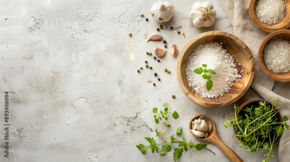 Sea Salt and Herbs with Garlic on White Background Sea Salt and Herbs with Garlic on White Background