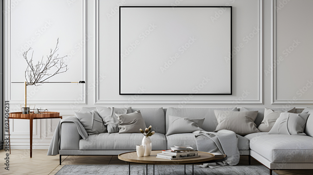Fototapeta premium aesthetic interior with large sofa and decorative items,Canvas mockup in modern interior, blank white frame on the wall of living room,Canvas in modern interior, blank white frame on the wall 