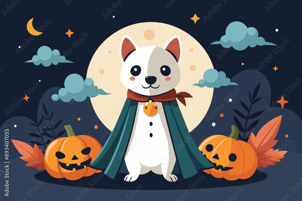 Fototapeta premium Halloween hound: a cute dog in a ghostly robe amidst pumpkins ideal for greeting cards, children's books, festive decor, pet-themed holiday illustrations