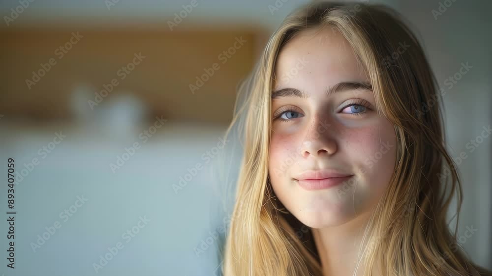 Close-up of a young woman smiling gently, with soft-focus background, warm lighting, and a serene atmosphere Close-up of a young woman smiling gently, with soft-focus background, warm lighting, and a serene atmosphere