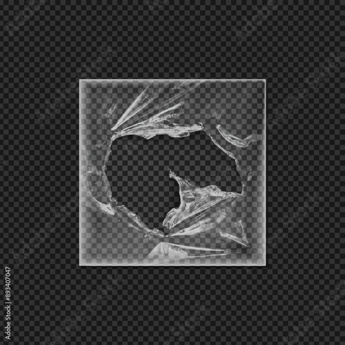 Cover made of damaged polyethylene, vector realistic plastic vinyl torn wrap, square transparent overlay cling film
