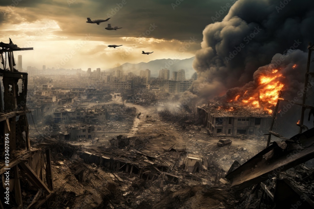 Obraz premium Destroyed city smoke fire sky.