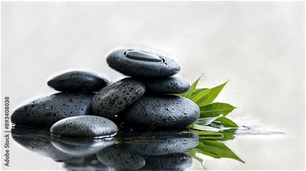 Stacked black spa stones accompanied by green leaves, reflecting a calm and natural setting perfect for relaxation and meditation. Stacked black spa stones accompanied by green leaves, reflecting a calm and natural setting perfect for relaxation and meditation.