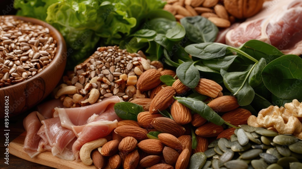 Naklejka premium Ingredients for a keto-friendly diet: nuts, seeds, lean meats, and leafy greens, in a close-up shot.