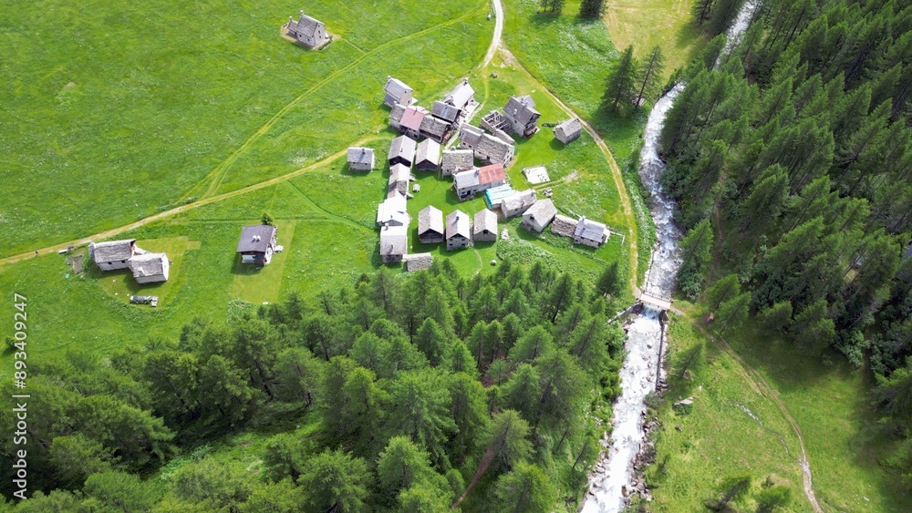 enchanted mountain village in summer with meadow of flowers seen from the drone -increase in tourism in mountain places to visit the ancient villages and go for walks in Alpe Devero,Ossola Apls Italy