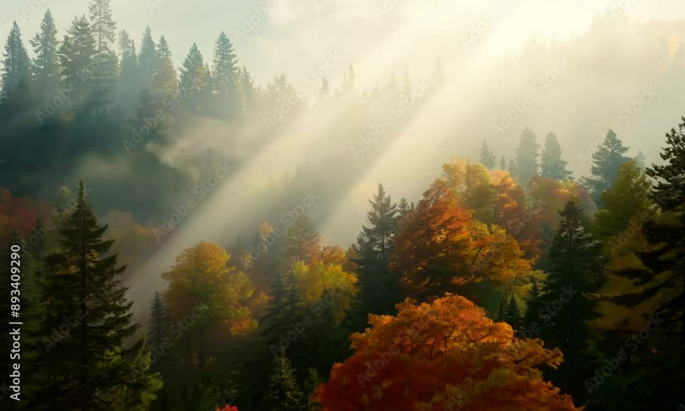 Autumn mountains forest and fog moving by wind with sun rays penetrating through the colorful leaves in a beautiful autumn season day. 4K hyperrealistic video Autumn mountains forest and fog moving by wind with sun rays penetrating through the colorful leaves in a beautiful autumn season day. 4K hyperrealistic video