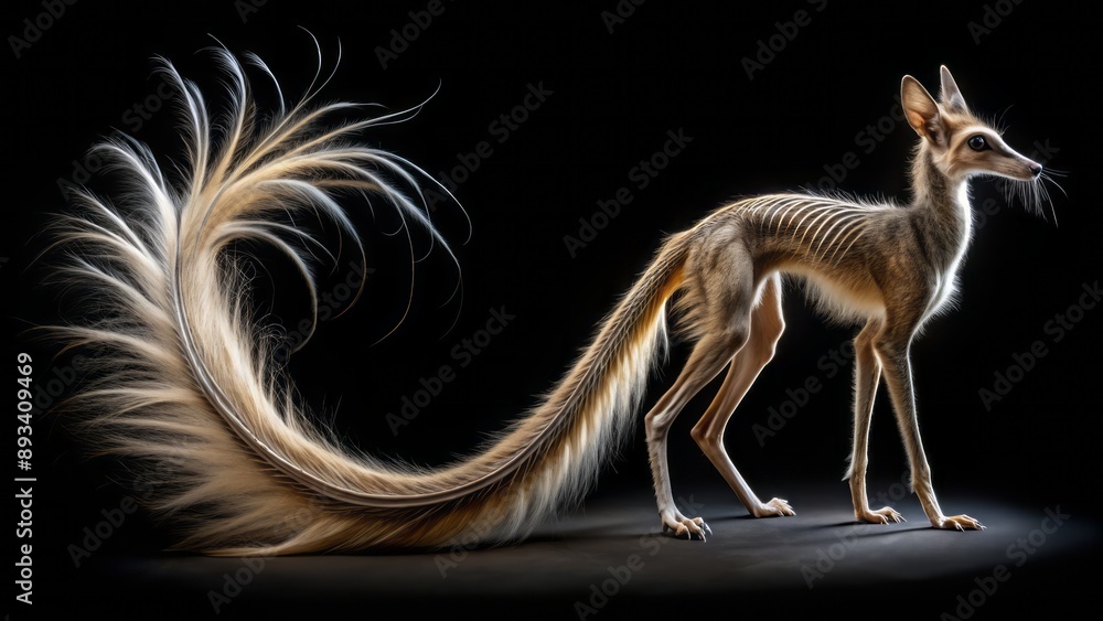 Fototapeta premium A mesmerizing, mysterious creature with a remarkably long, slender tail stretching five meters, gazing directly at the viewer on a dark background.