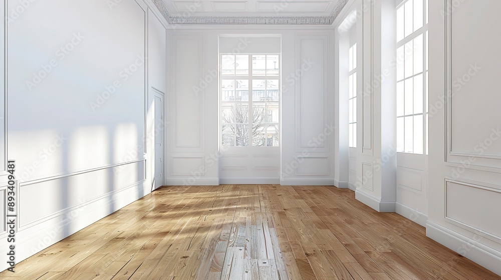 Fototapeta premium An empty room featuring white walls and wood floors, showcasing a simple and minimalistic interior design. The white walls contrast with the warm tones of the wooden floors