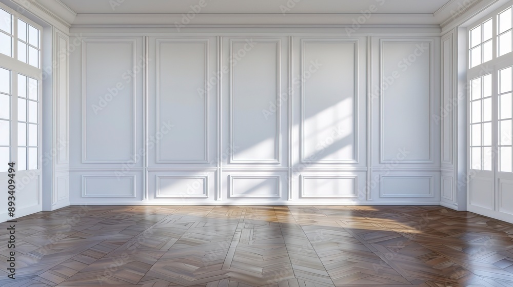 Modern classic white empty interior with white wall panels and wooden floor Modern classic white empty interior with white wall panels and wooden floor