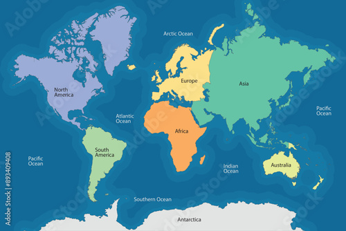 World map continents and oceans vector illustration inscription