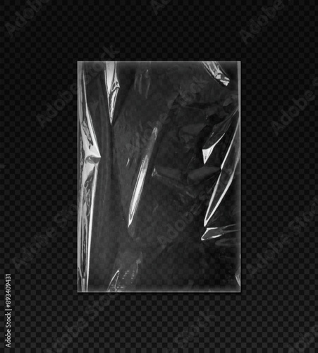 Plastic or vinyl wrap texture with wrinkles, vector polyethylene sleeve PVC rectangle transparent overlay cling film bag