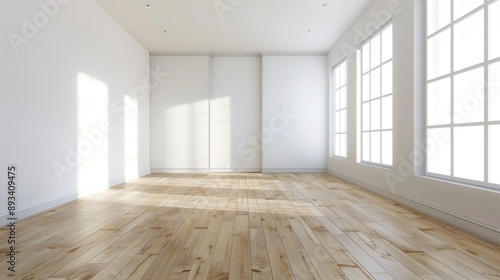 An empty room featuring white walls and wood floors, showcasing a simple and minimalistic interior design. The white walls contrast with the warm tones of the wooden floors 