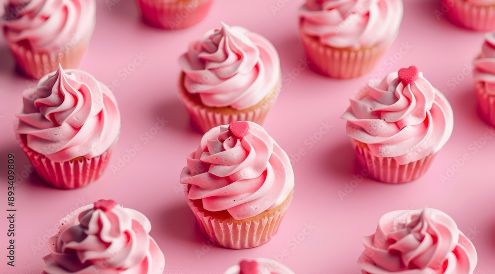 Pattern with strawberry cupcakes with whipped cream frosting on pastel pink background, minimal flat lay style. Pattern with strawberry cupcakes with whipped cream frosting on pastel pink background, minimal flat lay style.