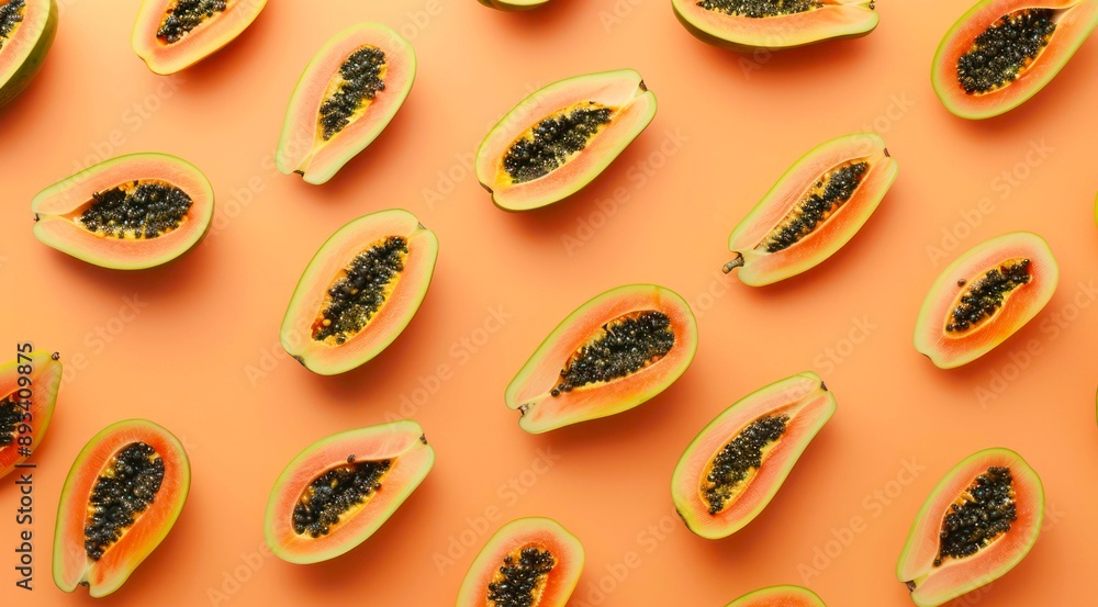 Pattern with papaya halves on orange background, top view, minimal flat lay style. Pattern with papaya halves on orange background, top view, minimal flat lay style.