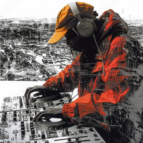DJ Mixing Music in Vibrant Urban Street Art Style