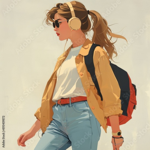 Trendy Young Woman with Headphones and Backpack in 90s Style