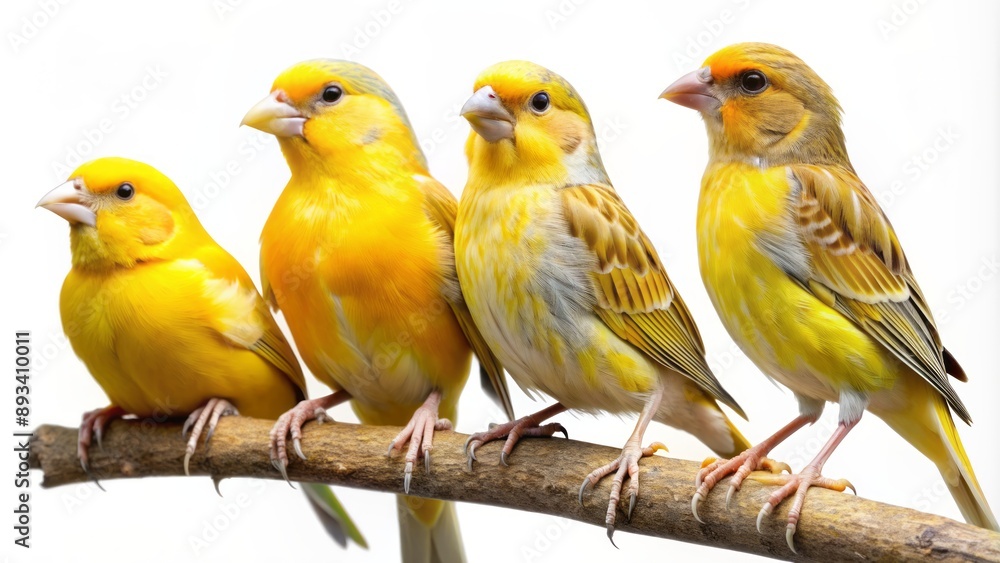 Vibrant yellow canary birds with varied plumage and distinctive songbird features perched on branches against a transparent backdrop. Vibrant yellow canary birds with varied plumage and distinctive songbird features perched on branches against a transparent backdrop.