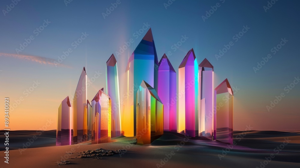 Fototapeta premium A surreal desert landscape where veins of iridescent crystals stretch across the sky